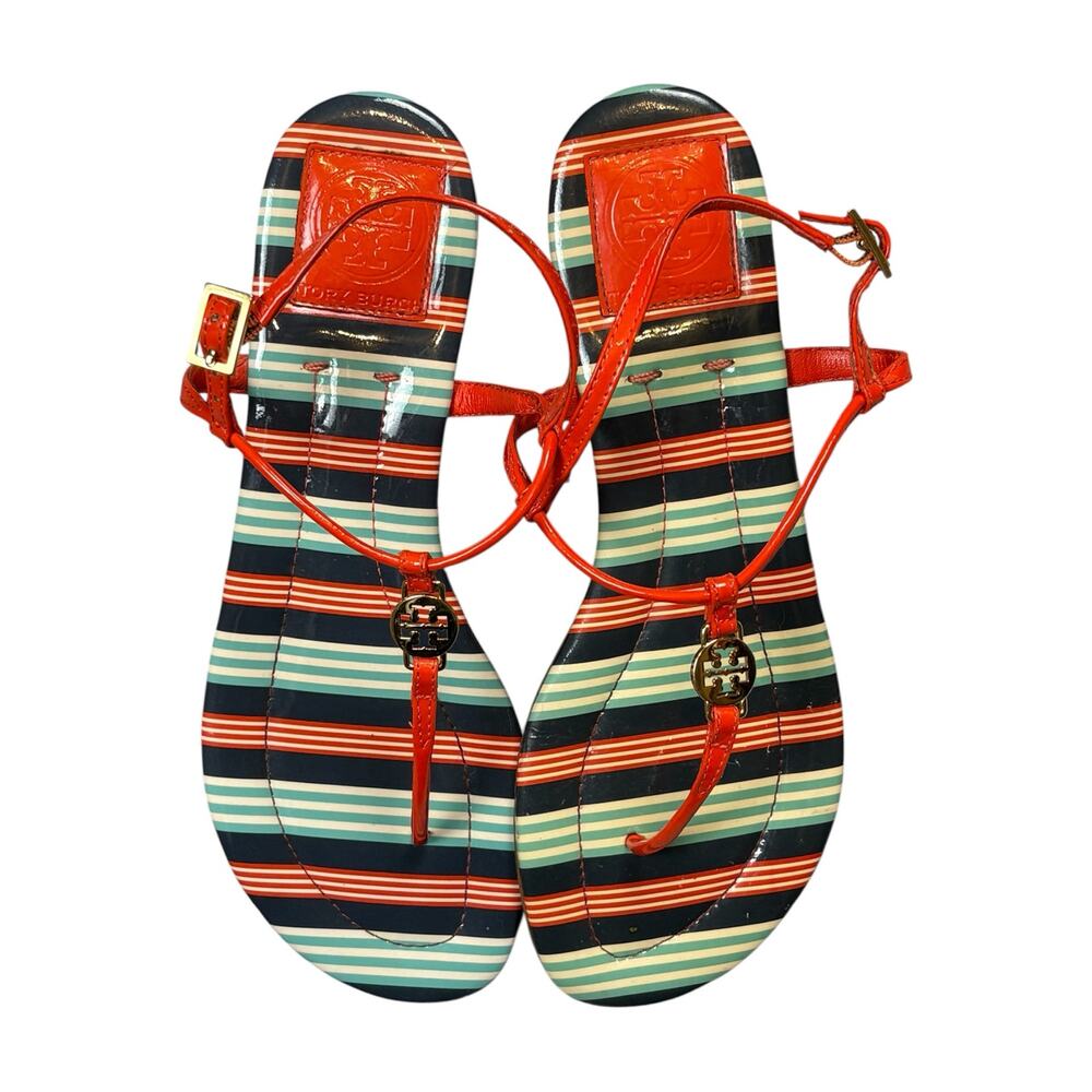 Tory Burch Emmy Logo Thong Sandals Women’s 8.5 Orange Patent Leather Straps - Picture 2 of 9